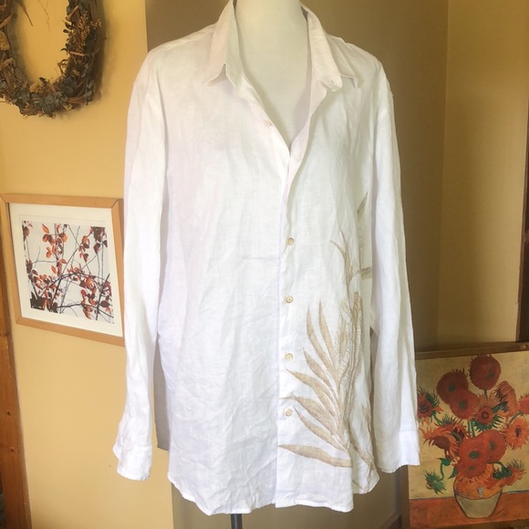 TASSO ELBA Size XXL 100% Linen Button Blouse Bird Peacock Floral LagenLook NEW - Picture 4 of 16